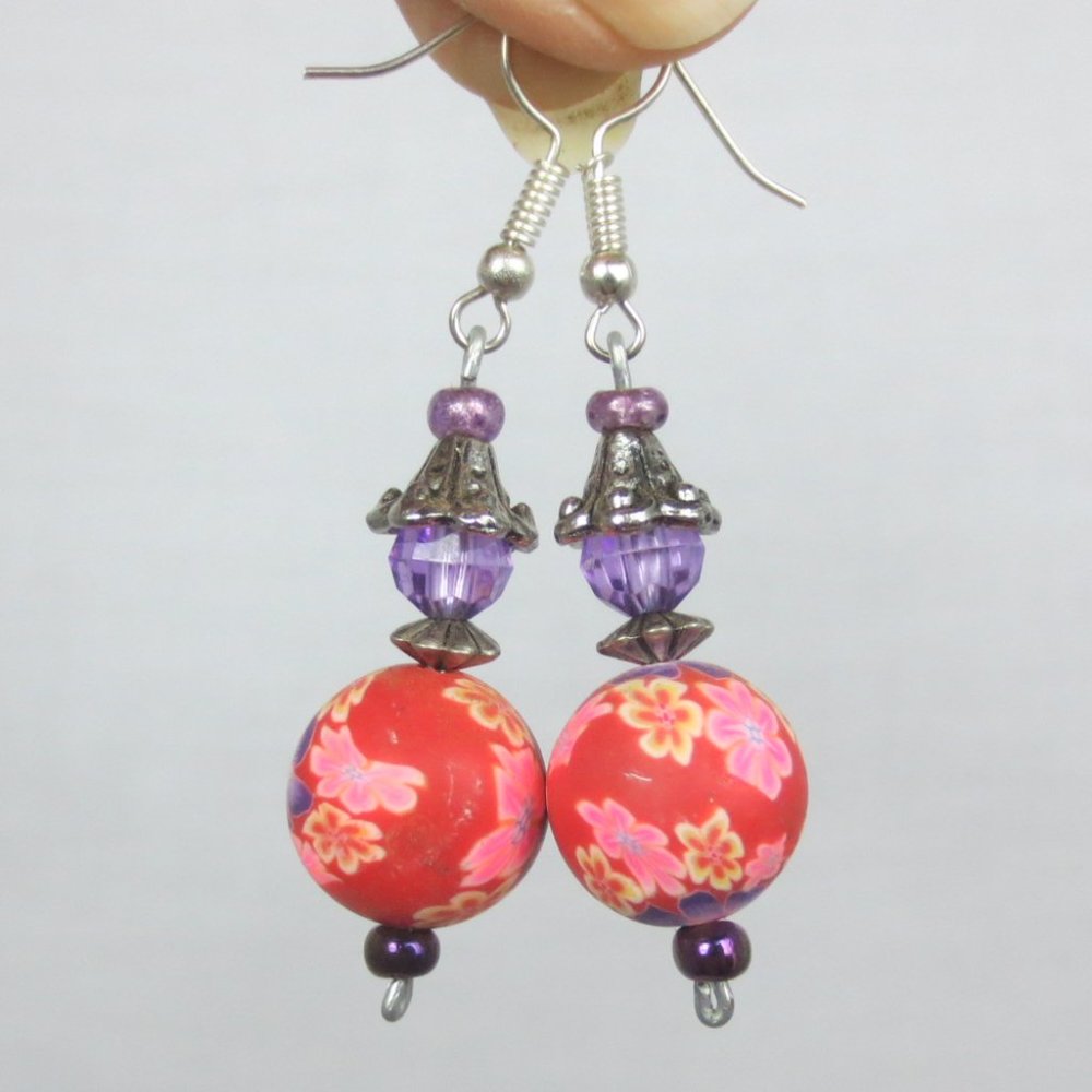 Handcrafted Earrings Pierced Red Purple Silver Boho Floral Lightweight Dangle